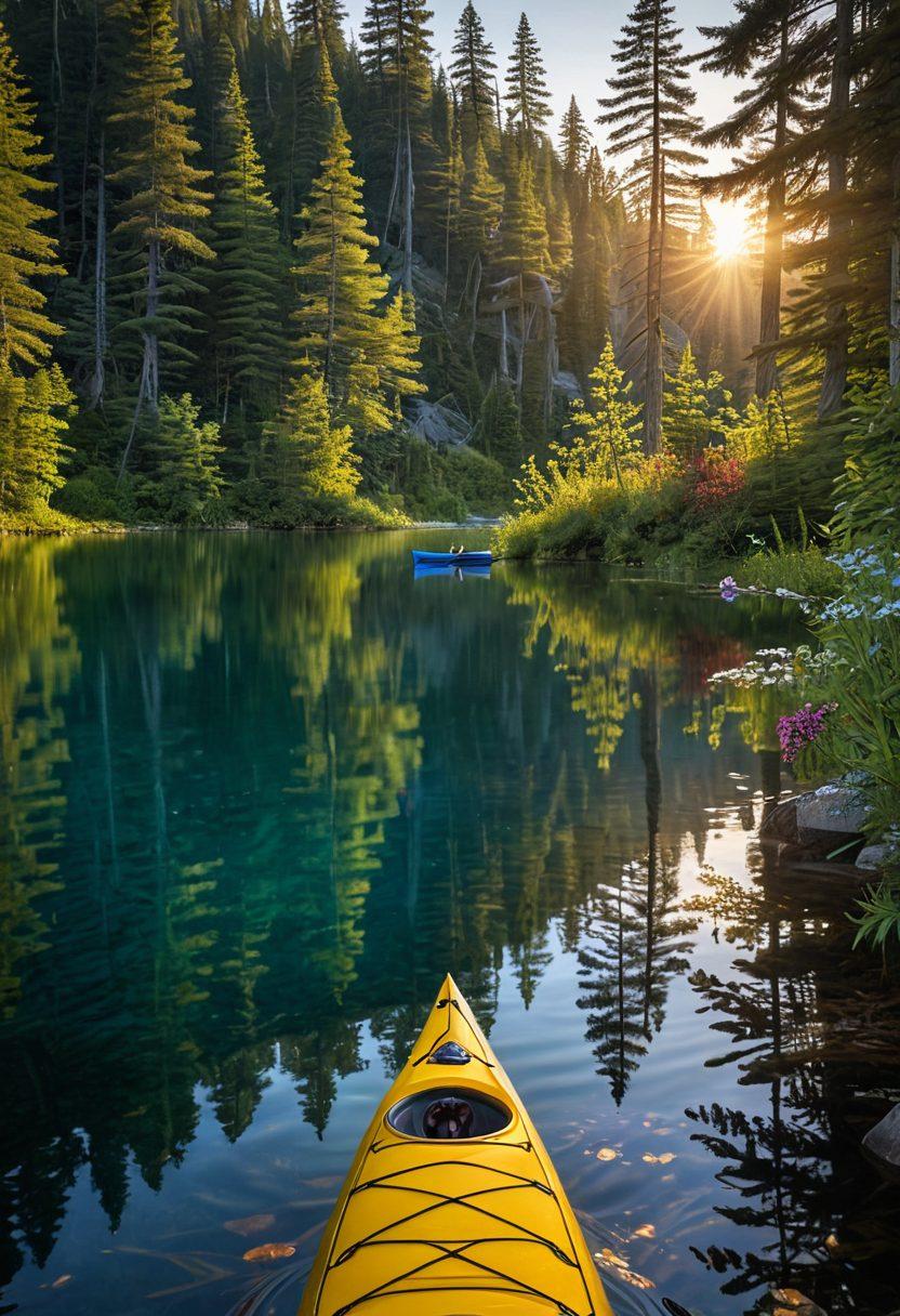 A serene lakeside scene showcasing a person kayaking on a crystal-clear blue lake surrounded by lush green forests, vibrant wildflowers on the shore, and a picturesque sunset casting golden reflections on the water. In the background, a cozy camping setup with a tent and a campfire adds warmth to the scene, while majestic mountains rise in the distance. Incorporate elements of adventure and tranquility. super-realistic. vibrant colors. peaceful atmosphere.