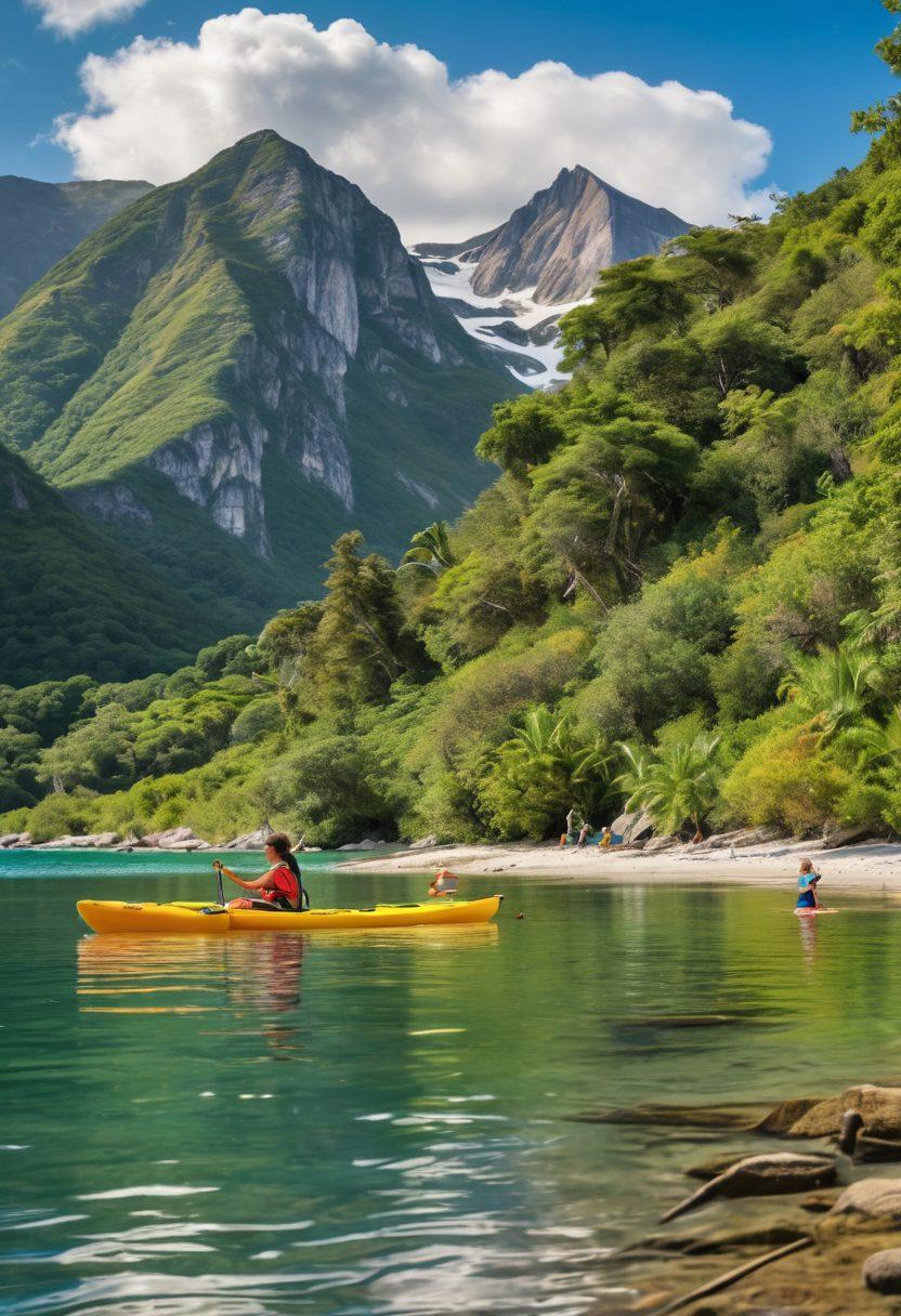 A lively family enjoying water sports on Anchor Bay with colorful kayaks and paddleboards, surrounded by lush greenery and mountains in the background, children splashing in the water and a dog playing nearby, a bright sunny sky dotted with fluffy clouds. vibrant colors. super-realistic. outdoor adventure theme.
