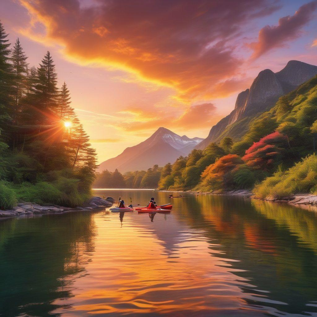 A breathtaking scene of Anchor Bay showcasing crystal-clear waters adorned with kayaks and paddleboarders, surrounded by lush greenery and mountains in the background. Include a family enjoying a picnic by the lake's edge, with a vibrant sunset casting warm colors across the sky. Wildlife like birds flying and playful deer in the distance to emphasize nature's beauty. super-realistic. vibrant colors. sunny daytime.